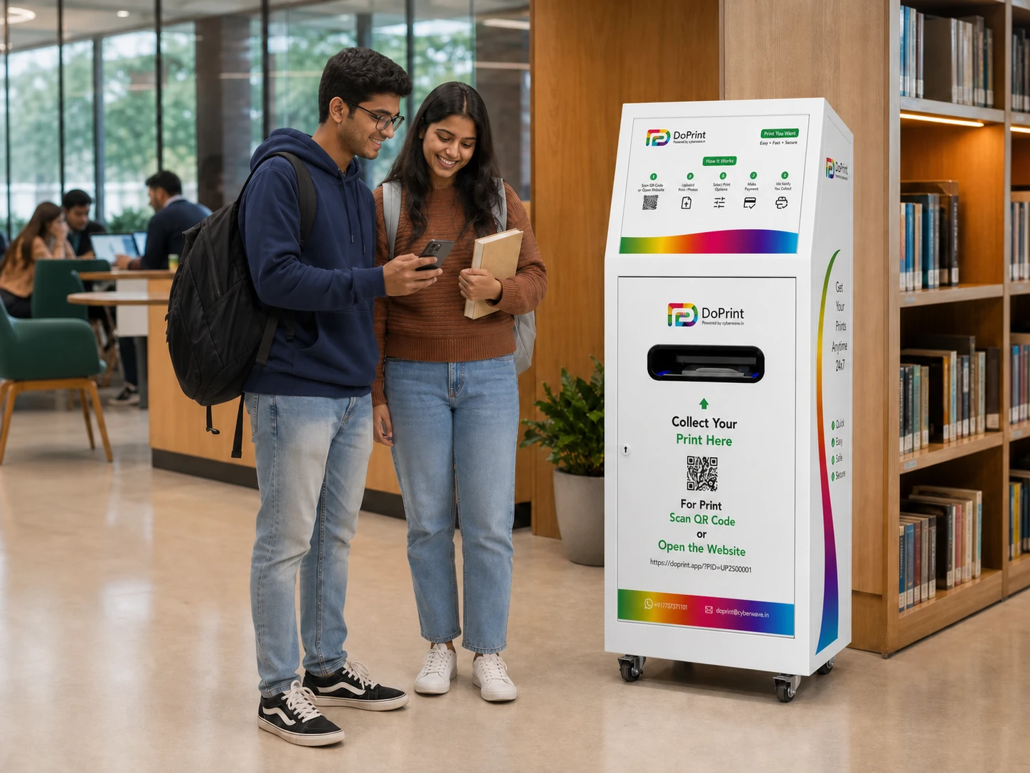 University students using the tall DoPrint kiosk