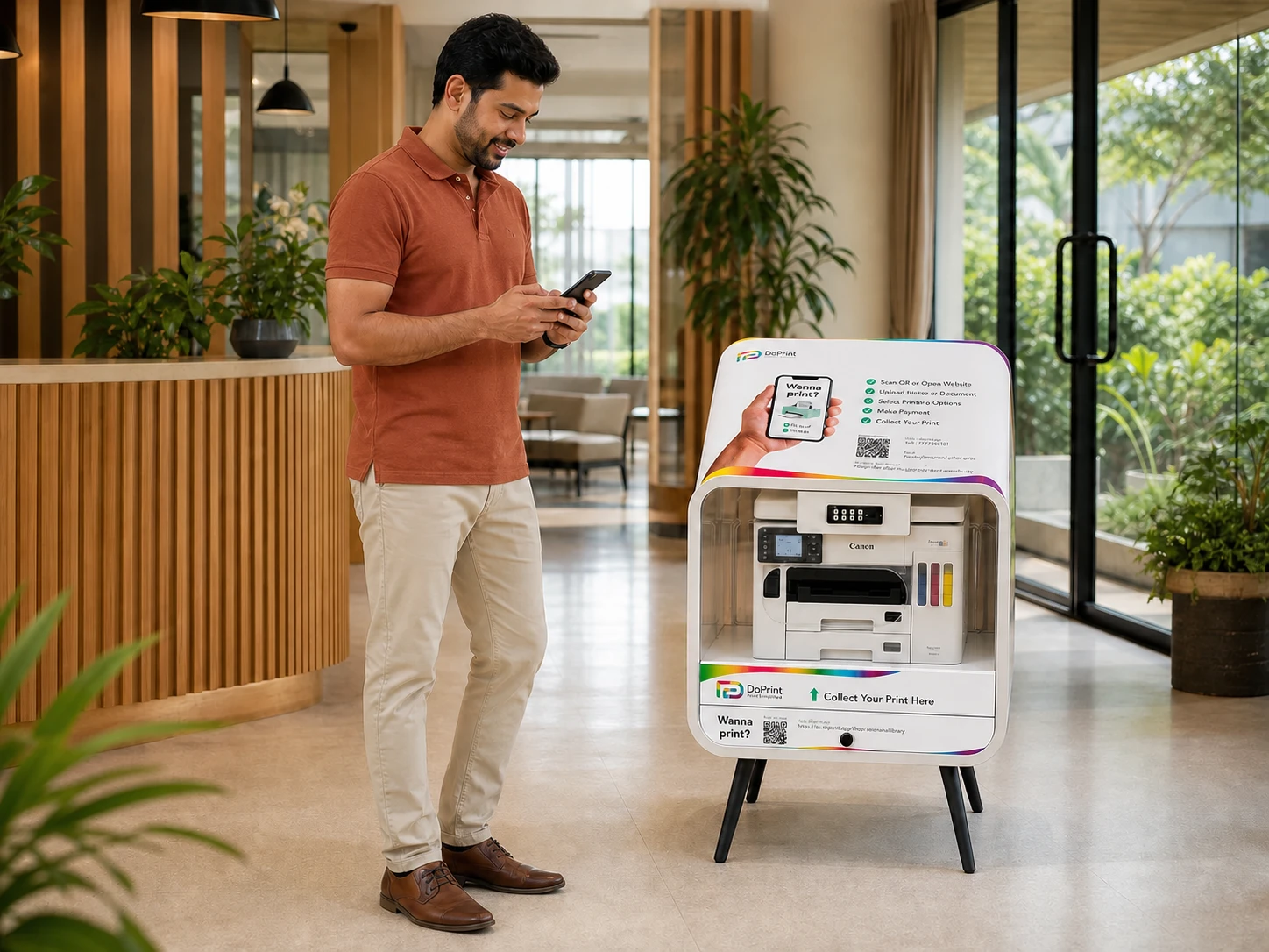 A resident using DoPrint Kiosk 3 in a society clubhouse