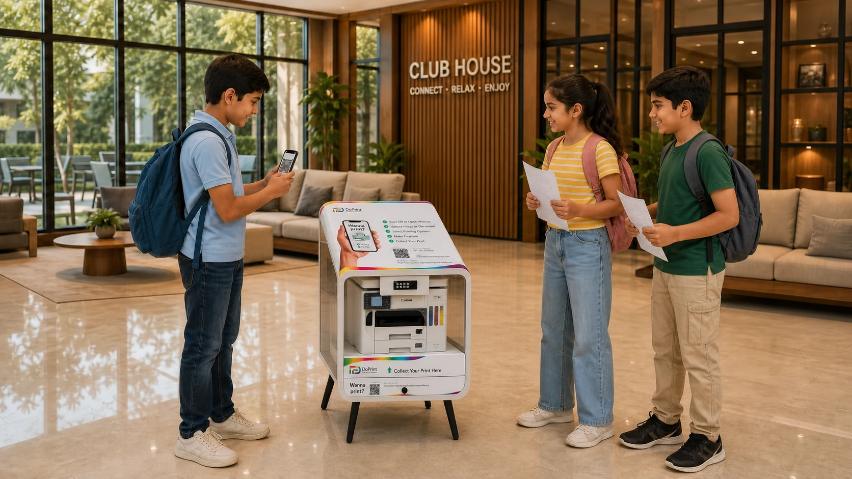 Children using DoPrint Kiosk 3 in a residential society clubhouse